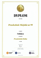 Dyplom za zajęcie I miejsca w kategorii "Przedszkole Roku 2024" Dziennik Łódzki