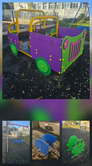 Plac zabaw- bocianie gniazdo, samochód terenowy, bujaki